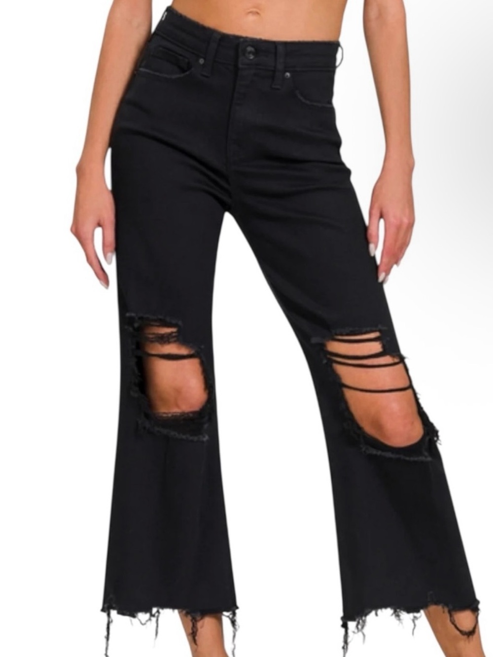Zenana Outfitters Black Distressed Cropped Flare Jeans size Large super cute